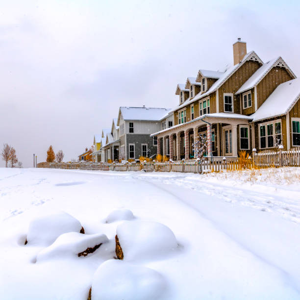 istock Square Powdery white snow coating the ground under a cloudy sky in winter 1153518487