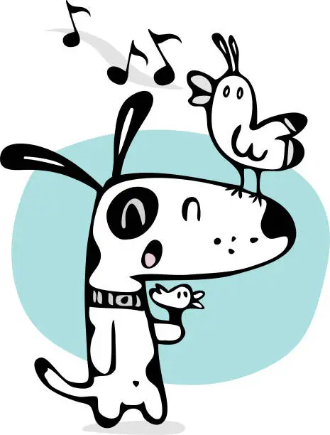 Vector illustration of Dog Singing with Birds