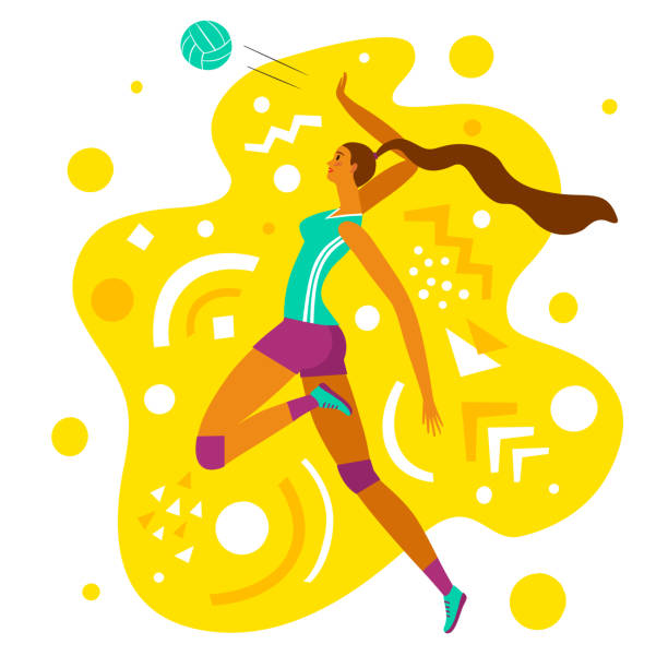 ilustraciones, imágenes clip art, dibujos animados e iconos de stock de jugador de voleibol de mujer dinámico sobre fondo decorativo. - isolated volleyball women adult