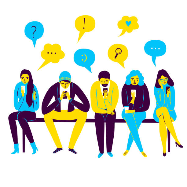 Set of cartoon people sitting and looking on smartphone screen. Set of cartoon people on white background sitting and looking on smartphone screen. Social networks  vector illustration for your design. bored teen stock illustrations