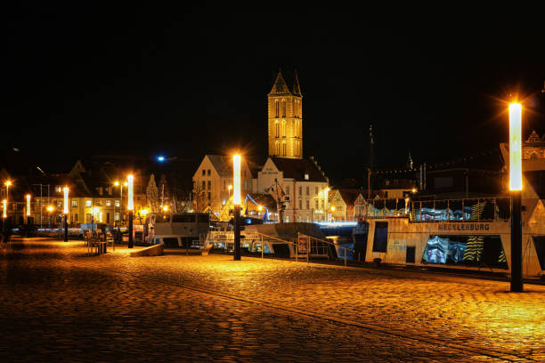 Wismar, Germany - December 25, 2017: Harbor in Wismar at the Baltic Sea at night.