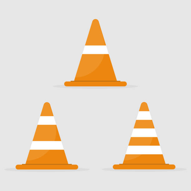 Set of orange plastic traffic cones icon Set of orange plastic traffic cones icon cone shape stock illustrations