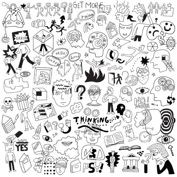 thinking,psychology,sick people - doodle set Asking,Ideas,Doodle,People,Mental Health,Medicine drawing of metaphor stock illustrations