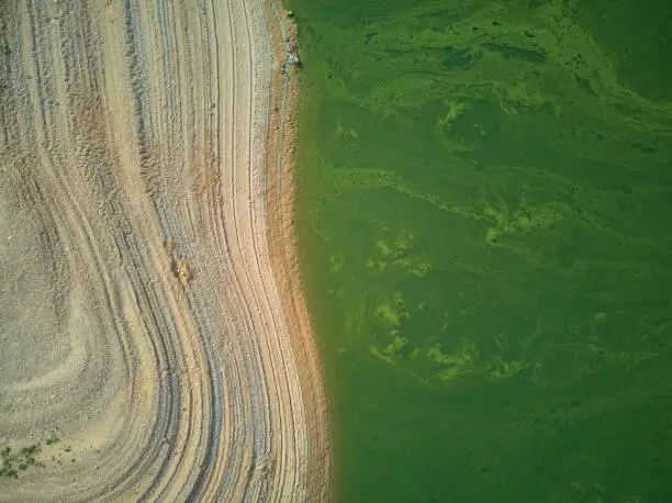 Photo of Aerial view of the Valdecañas reservoir, with green water from the algae and natural lines of the descent of the water. Natural texture