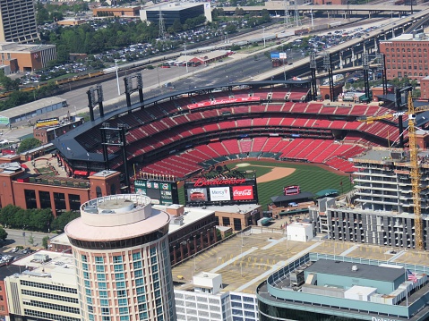 St. Louis, Missouri, USA—May 28, 2019: The Busch Stadium, a baseball park, is home to the St. Louis Cardinals, a Major League Baseball team.