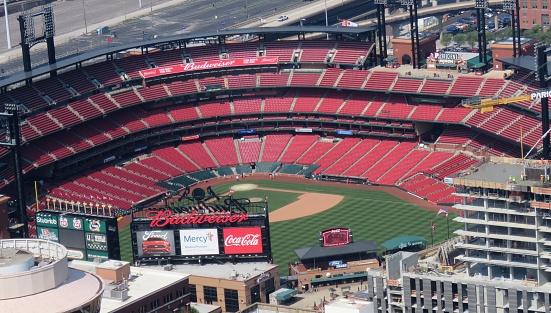 St. Louis, Missouri, USA—May 28, 2019: The Busch Stadium, a baseball park, is home to the St. Louis Cardinals, a Major League Baseball team.