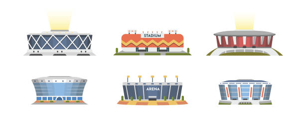 스포츠 경기장 전면 보기 만화 스타일의 벡터 컬렉션입니다. 도시 경기장 외부 그림입니다. - arena stock illustrations