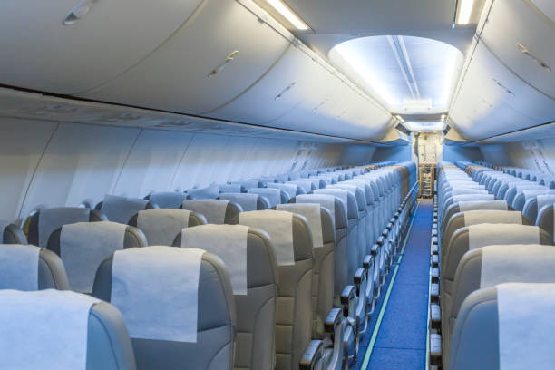 istock Perspective view of empty aircraft seats and lights 1153528587