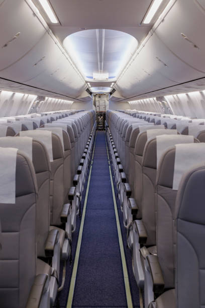 istock Perspective view of empty aircraft seats and lights 1153529291