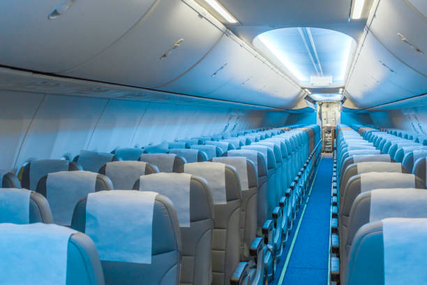 istock Perspective view of empty aircraft seats and lights 1153529292