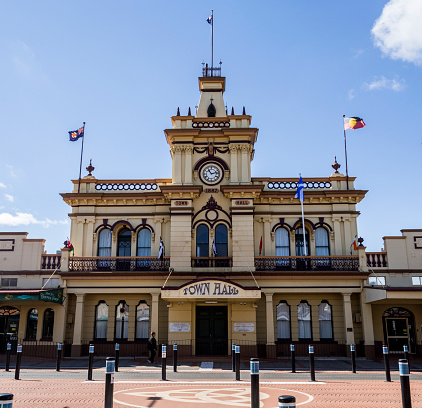 View of the 1887 high Victorian grand Town Hall complex in a hybrid French renaissance and Italianate style, in Glen Innes, New South Wales, Australia