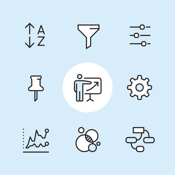 Sales Report - outline icon set Sales report / 9 Outline style Pixel Perfect icons / Set #42

CONTENT BY ROWS
1 - Alphabetical Sort icon, Filter icon, Adjusting sliders;
2 - Paper pin, Sales occupation, Gear settings icon;
3 - Two Line graph, Bubble chart, Mind map (organization chart).

Pixel Perfect Principle - all the icons are designed in 64x64px grid, outline stroke 2px. Complete "Outline 3x3 Blue" collection - https://www.istockphoto.com/collaboration/boards/eKCvfOhp3E-XZOE0AIzWqg filtration stock illustrations