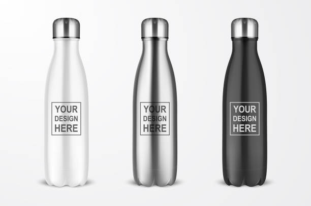 vector realistic 3d white, silver and black empty glossy metal wiederverwendbare wasserflasche mit silver bung set closeup isolation auf weißem hintergrund. design-vorlage von packaging mockup. frontansicht - box white blank merchandise stock-grafiken, -clipart, -cartoons und -symbole