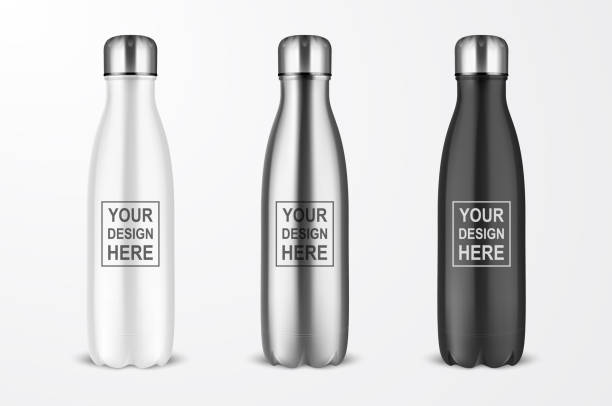 Vector Realistic 3d White, Silver and Black Empty Glossy Metal Reusable Water Bottle with Silver Bung Set Closeup Isolated on White Background. Design template of Packaging Mockup. Front View Vector Realistic 3d White, Silver and Black Empty Glossy Metal Reusable Water Bottle with Silver Bung Set Closeup Isolated on White Background. Design template of Packaging Mockup. Front View. flask stock illustrations
