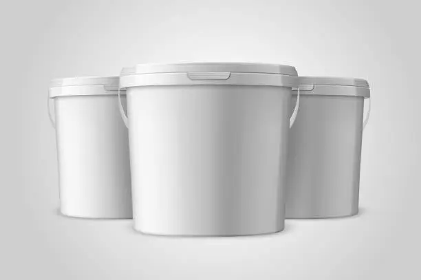 Vector illustration of Vector Realistic 3d White Plastic Bucket Set for Food Products, Paint, Foodstuff, Adhesives, Primers, Putty Closeup Isolated on White Background. Design Template of Packagin for Mockup. Front View