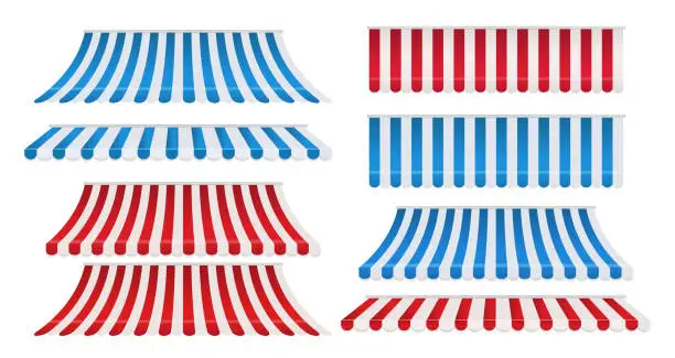 Vector illustration of Set of red and white, blue and white strip colorful awnings for shop. Tent sunshade for market isolated on white background.