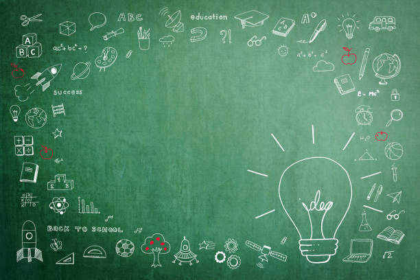 istock Idea light bulb doodle on green chalkboard with blank copy space for educational success and creativity concept 1153536995
