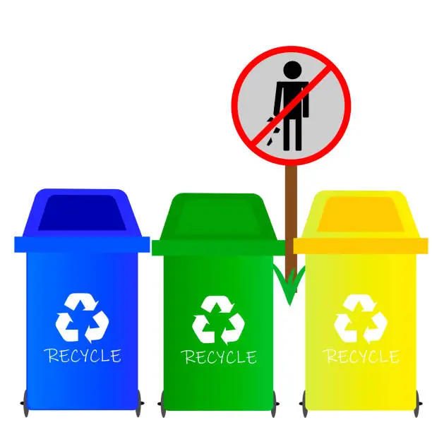 Vector illustration of Garbage containers and sign of not littering.