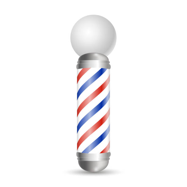 istock Realistic Barber pole. Glass barber shop poles with red, blue and white stripes. Isolated on white background, for your design and branding. 1153538687
