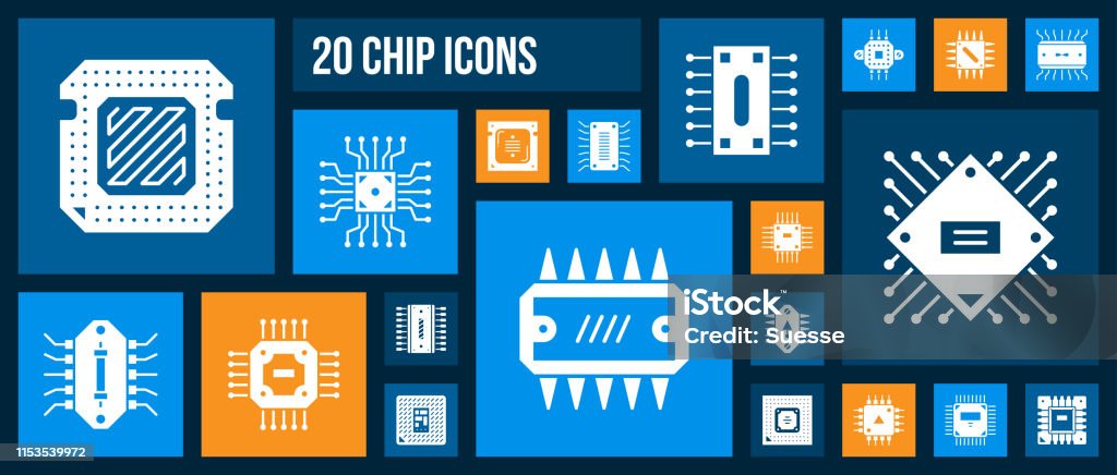 Micro chip cpu pc processor white icon vector set Microchip silhouette icons set. Isolated sign kit of cpu. Microprocessor pictogram collection includes micro chip, abstract circuit. Simple white contour symbol. PC processor vector Icon shape CPU stock vector