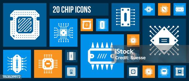 Micro Chip Cpu Pc Processor White Icon Vector Set Stock Illustration - Download Image Now - CPU, Circuit Board, Computer