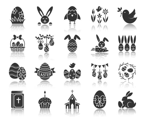 ostereier-kaninchen schwarzes ikonenvektor-set - daffodil flower silhouette butterfly stock-grafiken, -clipart, -cartoons und -symbole