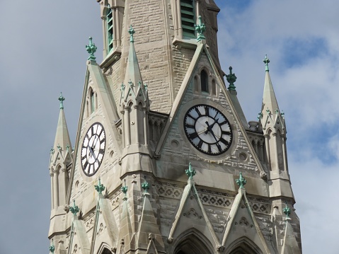 St. Louis, Missouri, USA—May 29, 2019: Saint Francis Xavier College Church, a City Landmark, has austere Gothic Revival style architecture and breathtaking stained-glass windows. The cathedral is open to the public.