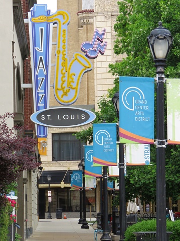 St. Louis, Missouri, USA—May 30, 2019: The Arts District in Mid-town is the happening place for jazz and blues music and off-Broadway and local plays.
