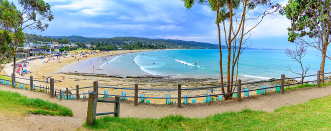 A wide panoramic view of the beach at Lorne, Victoria, Australia