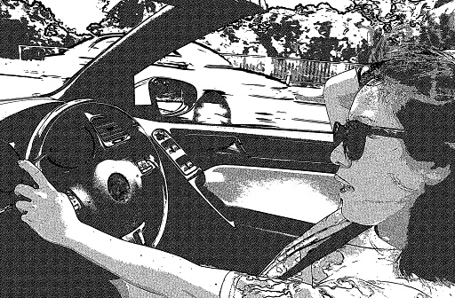 Wild woman  is driving a car in summer