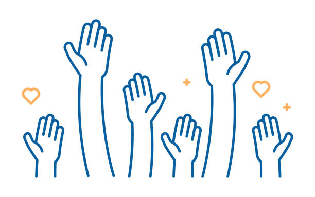 Raised helping hands vector icon. Illustration for volunteer and charity work in flat style with arms and geometric elements, hearts.  Crowd of people ready and available to help and contribute. Positive foundation, business, service. Vector eps10 charity volunteer stock illustrations