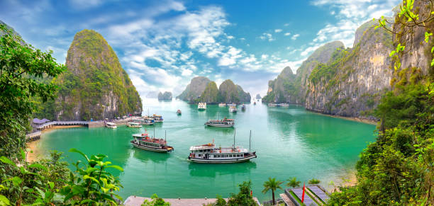 schöne landschaft halong bay blick von der adove der bo hon island. halong bay, vietnam - grand harbour stock-fotos und bilder