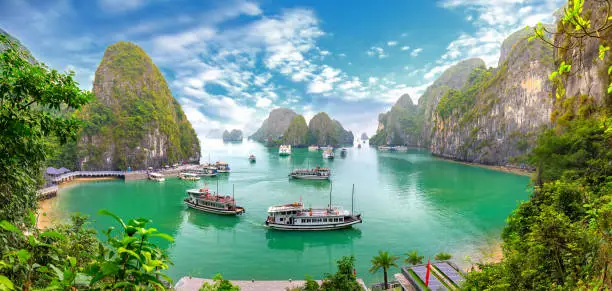 Beautiful landscape Halong Bay view from adove the Bo Hon Island. Halong Bay is the UNESCO World Heritage Site, it is a beautiful natural wonder in northern Vietnam