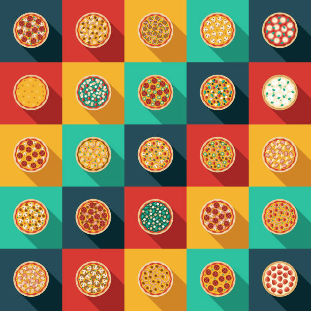illustrazioni stock, clip art, cartoni animati e icone di tendenza di set di icone condimenti per pizza - pizza margherita