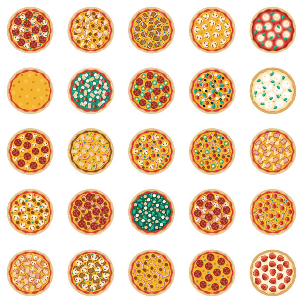 illustrazioni stock, clip art, cartoni animati e icone di tendenza di set di icone condimenti per pizza - pizza margherita