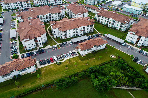 aerial drone view above condo apartment buildings in Austin , Texas , USA - Apartment living