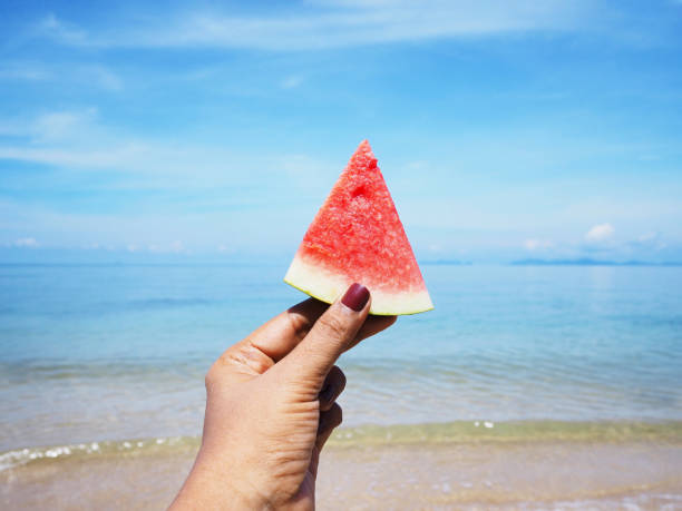 hand holding watermelon over summer beach background.
