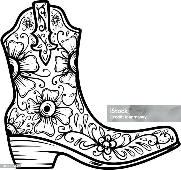 Cowboy Boot With Floral Pattern Design Element For Poster T Shirt Emblem Sign Stock Illustration - Download Image Now