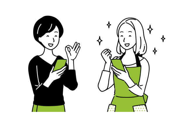Women talking while holding a smartphone. Women talking while holding a smartphone. stay at home saying stock illustrations