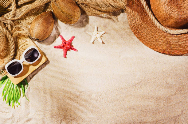 istock Background wdith sandy beach, top view. Summer accessories concept 1153573532