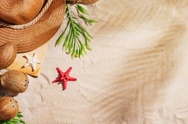 istock Background wdith sandy beach, top view. Summer accessories concept 1153573551