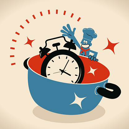 Blue Little Guy Characters Full Length Vector art illustration.
Happy smiling chef with a big pot and a big alarm clock.