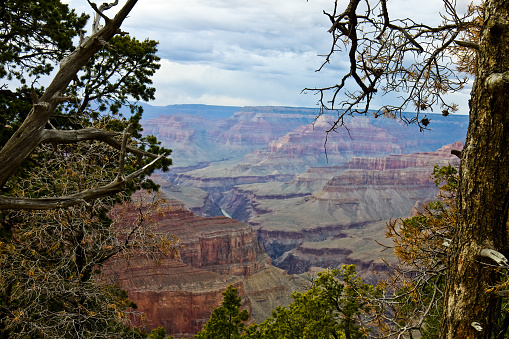 Taken this picture of the Grand Canyon South Rim. It was overcast and raining at a distant and sunny over the canyon. The Colorado river is visible at a distant.