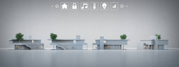 istock Modern house on gray background with application icons in smart home concept. 1153578363