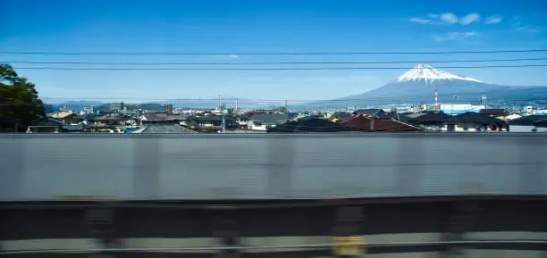 Distant View of Mount Fuji from bullet train, Japan