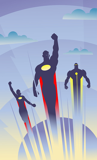 An art deco style vector illustration of a trio of superheroes flying in the air with clouds in the background. Wide space available for your copy. put your logo on the chest.