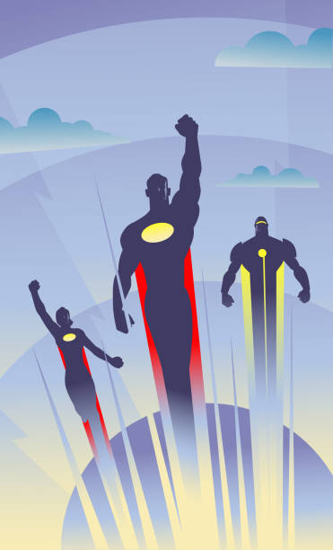 Vector Art Deco Style Flying Superheroes Illustration An art deco style vector illustration of a trio of superheroes flying in the air with clouds in the background. Wide space available for your copy. put your logo on the chest. decoteau stock illustrations