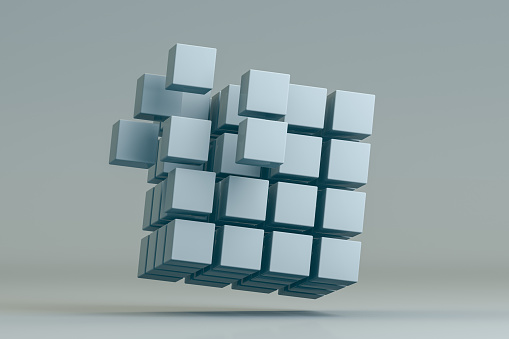 3D Rendering Cube Blocks, in a row, education, architecture, gray background