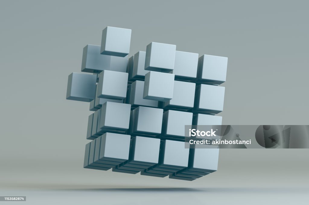 3D Rendering Abstract Cube Blocks on Gray Background 3D Rendering Cube Blocks, in a row, education, architecture, gray background Puzzle Cube Stock Photo