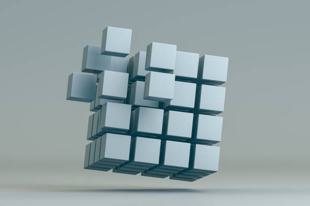 3D Rendering Abstract Cube Blocks on Gray Background 3D Rendering Cube Blocks, in a row, education, architecture, gray background puzzle cube stock pictures, royalty-free photos & images